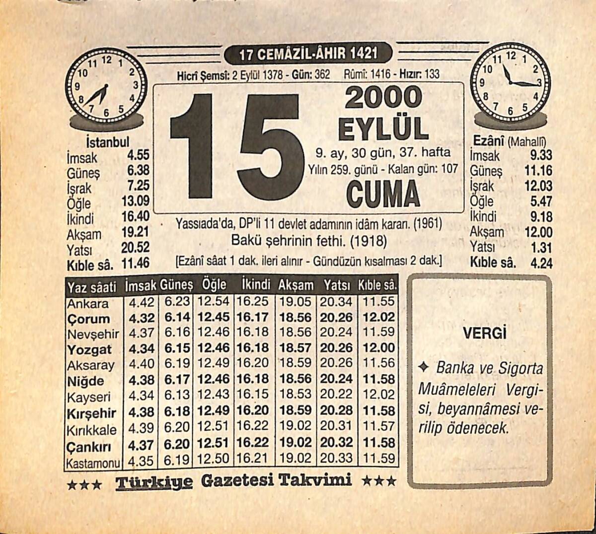 15 Eylül 2000 Takvim Yaprağı - Doğum Günü Hediyesi EFMN14245 - 1