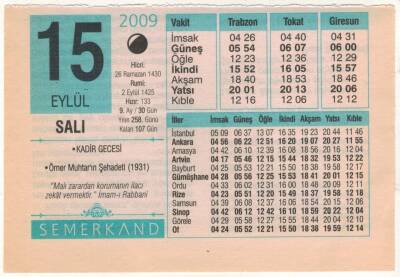 15 Eylül 2009 Takvim Yaprağı EFM(N)2938 - 1