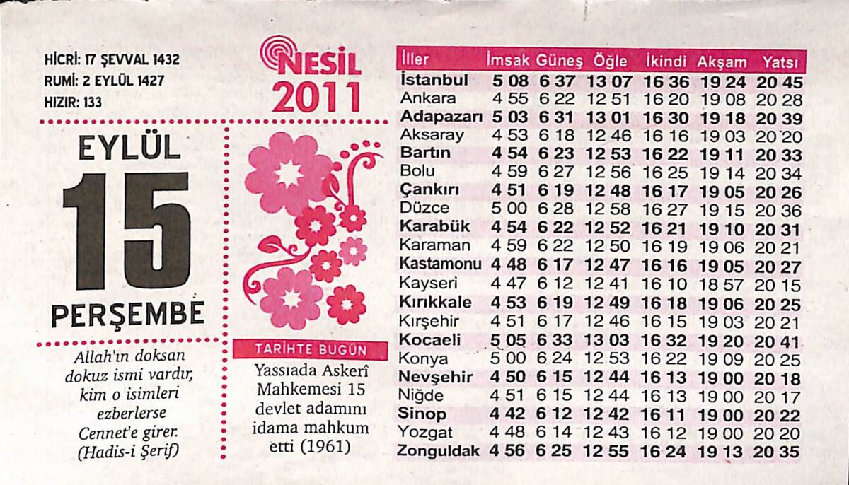 15 Eylül 2011 Takvim Yaprağı - Doğum Günü Hediyesi EFMN14361 - 1