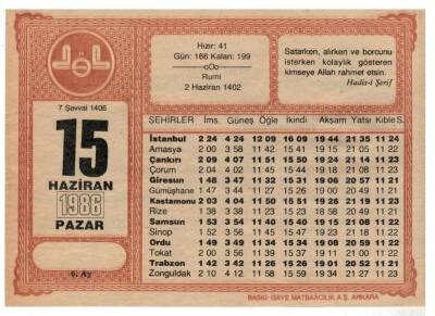 15 Haziran 1986 Takvim Yaprağı EFM1052 - 1