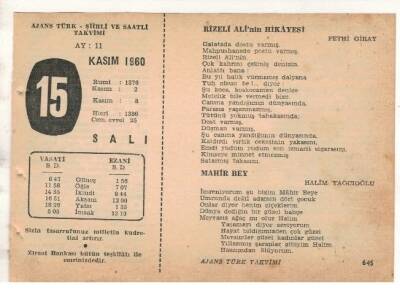 15 Kasım 1960 Ajans Türk Takvim Yaprağı (Şiirli Saatli) EFM(N) 1781 - 1