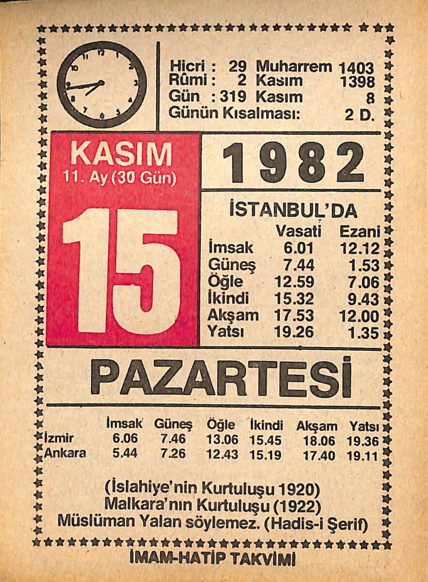 15 Kasım 1982 Takvim Yaprağı - Doğum Günü Hediyesi EFMN15976 - 1