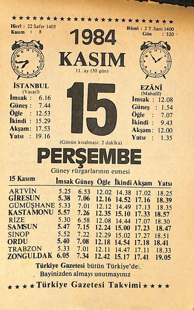 15 Kasım 1984 Takvim Yaprağı - Doğum Günü Hediyesi EFMN14537 - 1