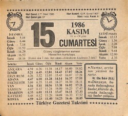 15 Kasım 1986 Takvim Yaprağı - Doğum Günü Hediyesi EFMN14887 - Gökçekoleksiyon