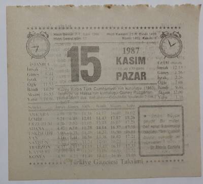 15 Kasım 1987 Takvim Yaprağı - Doğum Günü Hediyesi EFM(N)7154 - 1