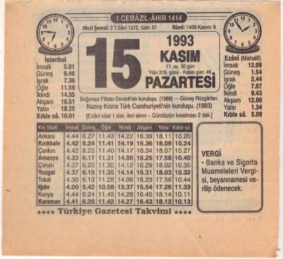 15 Kasım 1993 Takvim Yaprağı EFM(N)3869 - 2