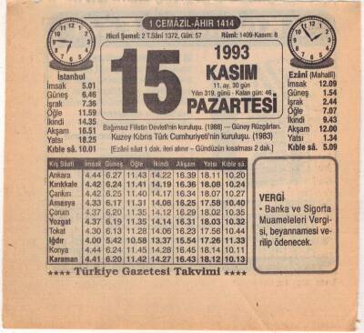 15 Kasım 1993 Takvim Yaprağı EFM(N)3869 - 1