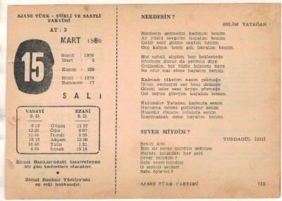 15 Mart 1960 Ajans Türk Takvim Yaprağı (Şiirli Saatli) EFM(N)1542 - 2