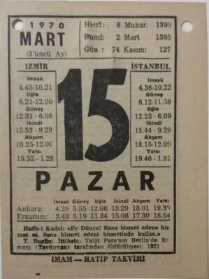15 Mart 1970 Takvim Yaprağı - Doğum Günü Hediyesi EFM(N)7959 - 2