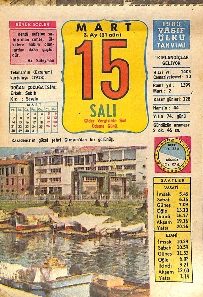 15 Mart 1983 Takvim Yaprağı - Doğum Günü Hediyesi EFMN15036 - 1
