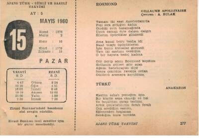 15 Mayıs 1960 Ajans Türk Takvim Yaprağı (Şiirli Saatli) EFM(N)1602 - 4