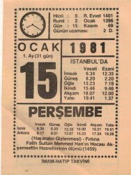 15 Ocak 1981 Takvim Yaprağı EFM(N)4661 - Gökçekoleksiyon