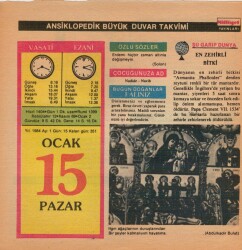 15 Ocak 1984 Takvim Yaprağı EFM(N)4630 - Gökçekoleksiyon