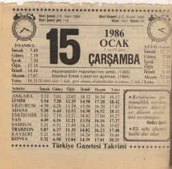 15 Ocak 1986 Takvim Yaprağı EFM(N)5033 - Gökçekoleksiyon