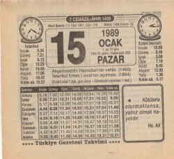 15 Ocak 1989 Takvim Yaprağı EFM(N)4723 - Gökçekoleksiyon