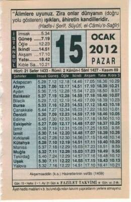 15 Ocak 2012 Takvim Yaprağı EFM(N)1498 - 2