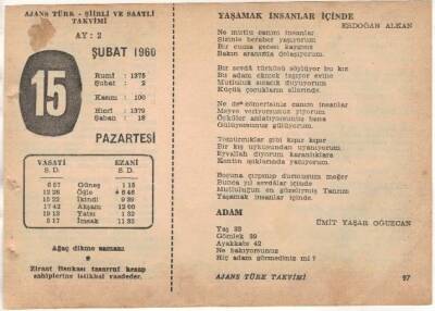 15 Şubat 1960 Ajans Türk Takvim Yaprağı (Şiirli Saatli) EFM(N)1513 - 1