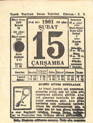 15 Şubat 1961 Takvim Yaprağı - Doğum Günü Hediyesi EFM(N)11269 - 1