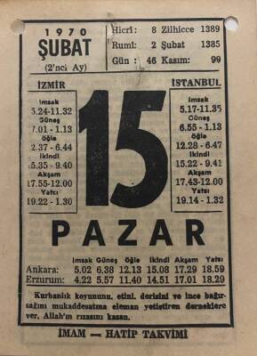 15 Şubat 1970 Takvim Yaprağı - Doğum Günü Hediyesi EFM(N)7765 - 1
