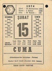 15 Şubat 1974 Takvim Yaprağı - Doğum Günü Hediyesi EFM(N)12272 - Gökçekoleksiyon