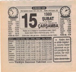 15 Şubat 1989 Takvim Yaprağı EFM(N)5367 - Gökçekoleksiyon