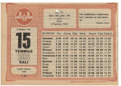 15 Temmuz 1986 Takvim Yaprağı EFM1055 - 1