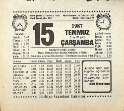 15 Temmuz 1987 Takvim Yaprağı - Doğum Günü Hediyesi EFMN13827 - Gökçekoleksiyon