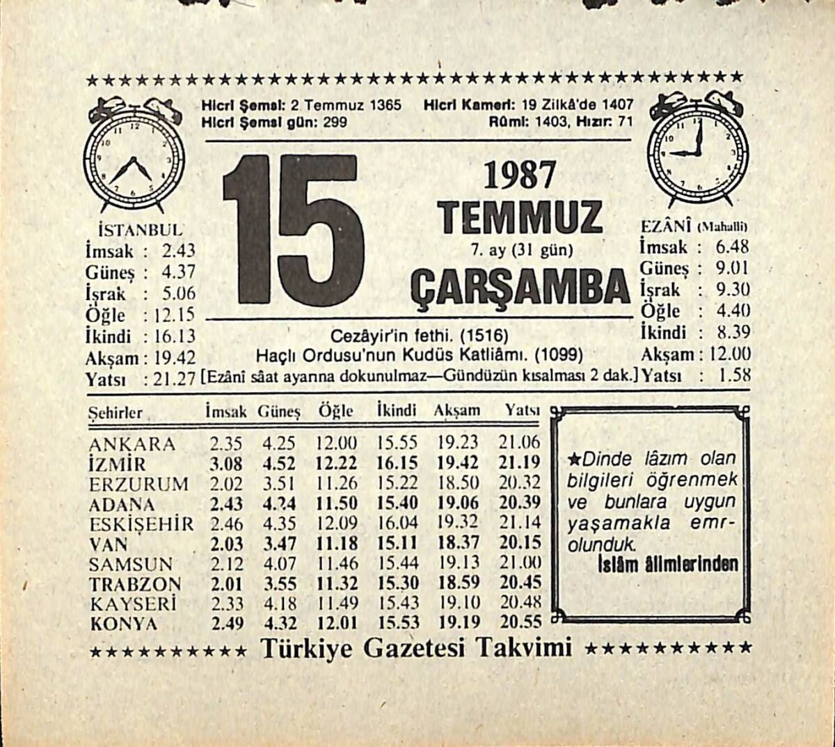 15 Temmuz 1987 Takvim Yaprağı - Doğum Günü Hediyesi EFMN13827 - 1