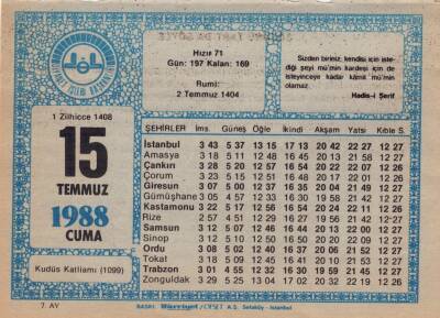 15 Temmuz 1988 Takvim Yaprağı EFM(N)2012 - 1
