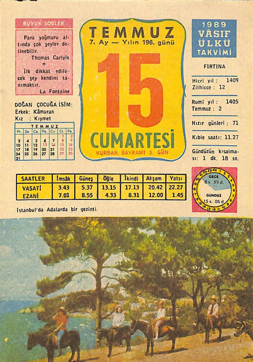 15 Temmuz 1989 Takvim Yaprağı - Doğum Günü Hediyesi EFMN13891 - 1