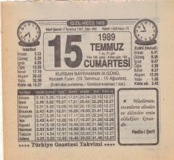 15 Temmuz 1989 Takvim Yaprağı EFM(N)2013 - 1