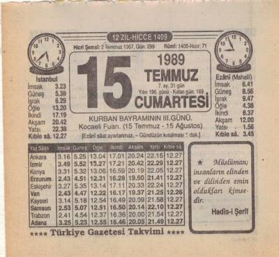 15 Temmuz 1989 Takvim Yaprağı EFM(N)2013 - 1