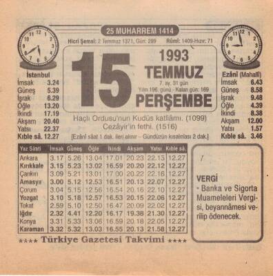 15 Temmuz 1993 Takvim Yaprağı EFM(N)2015 - 2