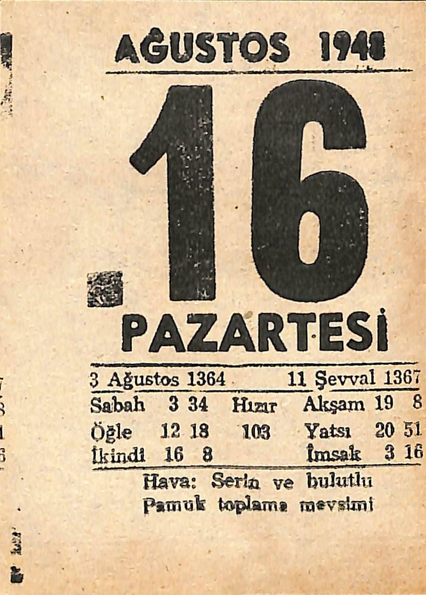 16 Ağustos 1948 Takvim Yaprağı - Doğum Günü Hediyesi EFMN14422 - 1