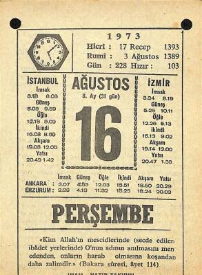 16 Ağustos 1973 Takvim Yaprağı - Doğum Günü Hediyesi EFM(N)10116 - 1