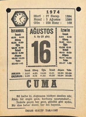 16 Ağustos 1974 Takvim Yaprağı - Doğum Günü Hediyesi EFM(N)12201 - 1