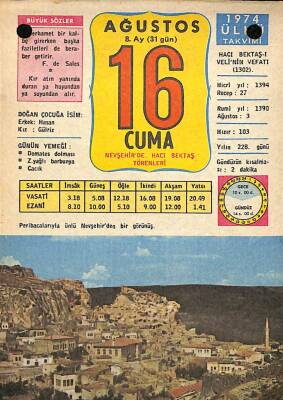 16 Ağustos 1974 Takvim Yaprağı - Doğum Günü Hediyesi EFM(N)9511 - 1