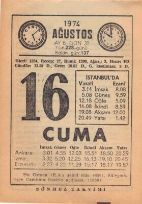 16 Ağustos 1974 Takvim Yaprağı EFM(N)2390 - 2
