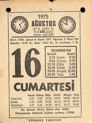 16 Ağustos 1975 Takvim Yaprağı - Doğum Günü Hediyesi EFM(N)9652 - 1