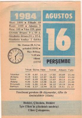 16 Ağustos 1984 Takvim Yaprağı EFM(N)2392 - 2