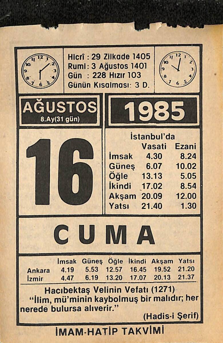 16 Ağustos 1985 Takvim Yaprağı - Doğum Günü Hediyesi EFMN15697 - 1