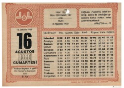 16 Ağustos 1986 Takvim Yaprağı EFM1068 - Gökçekoleksiyon