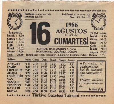 16 Ağustos 1986 Takvim Yaprağı EFM(N)2394 - 2
