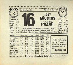 16 Ağustos 1987 Takvim Yaprağı - Doğum Günü Hediyesi EFMN13859 - Gökçekoleksiyon