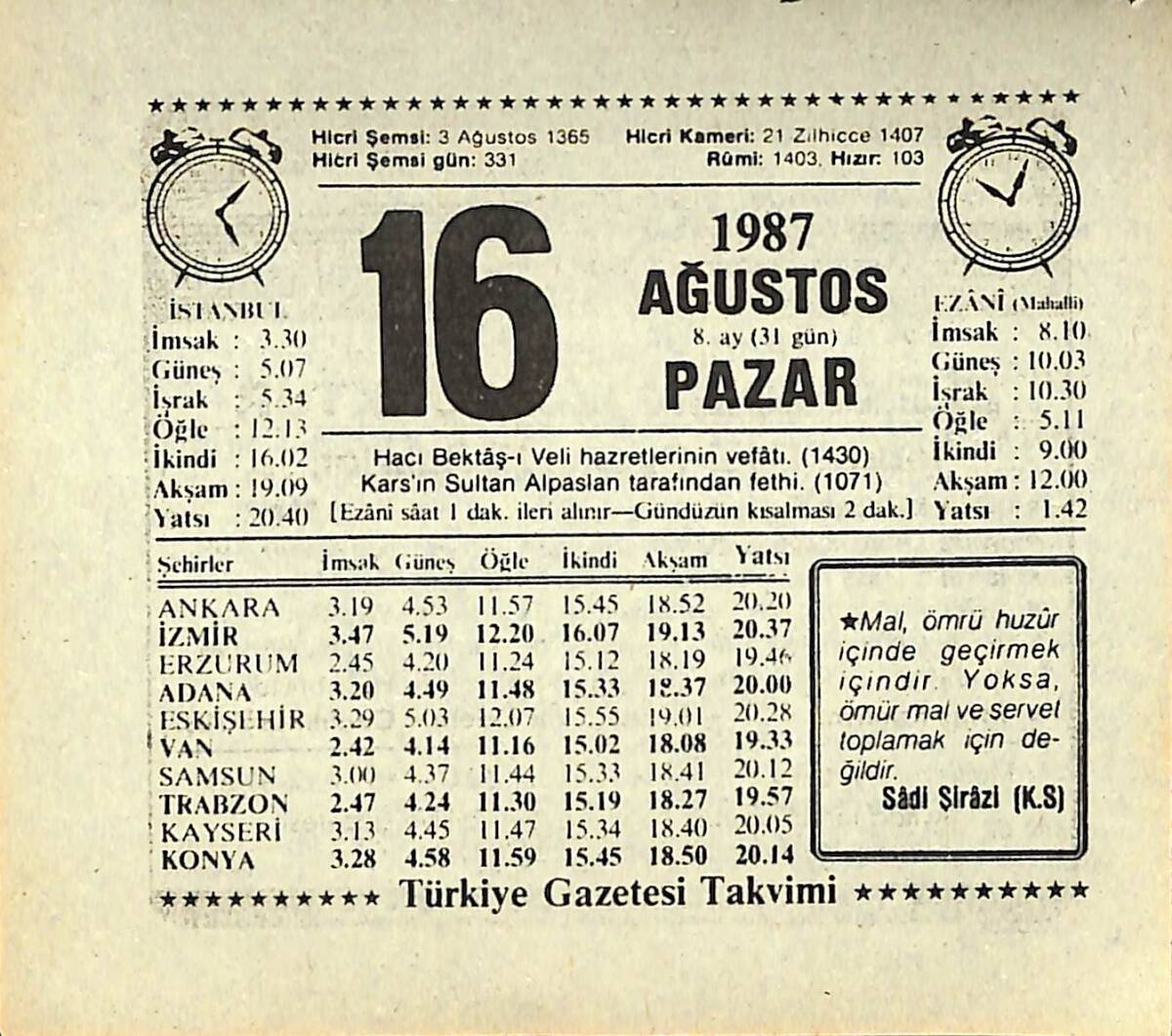16 Ağustos 1987 Takvim Yaprağı - Doğum Günü Hediyesi EFMN13859 - 1