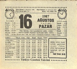16 Ağustos 1987 Takvim Yaprağı - Doğum Günü Hediyesi EFMN13920 - Gökçekoleksiyon