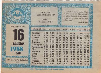 16 Ağustos 1988 Takvim Yaprağı EFM(N)2395 - 2