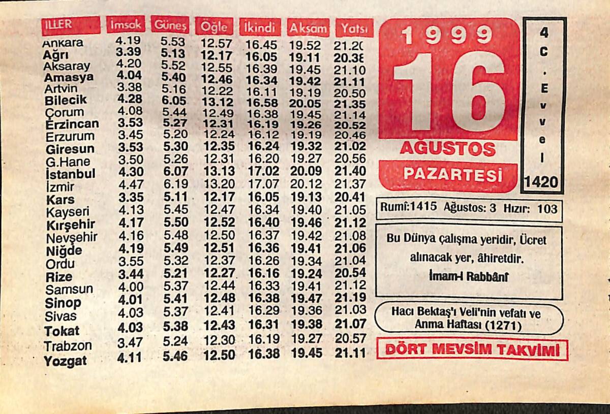 16 Ağustos 1999 Takvim Yaprağı - Doğum Günü Hediyesi EFMN14040 - 1