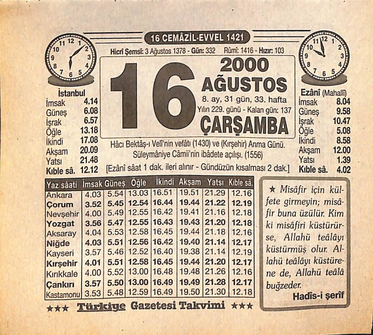 16 Ağustos 2000 Takvim Yaprağı - Doğum Günü Hediyesi EFMN14275 - 1