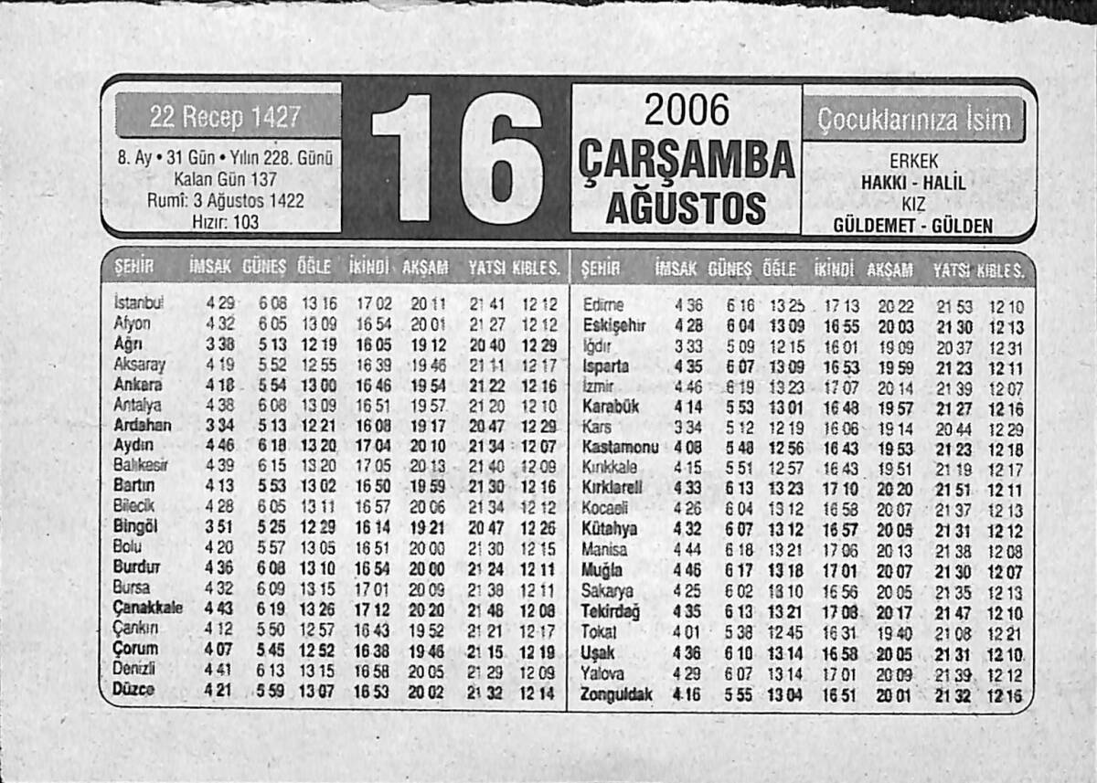 16 Ağustos 2006 Takvim Yaprağı - Doğum Günü Hediyesi EFMN14163 - 1